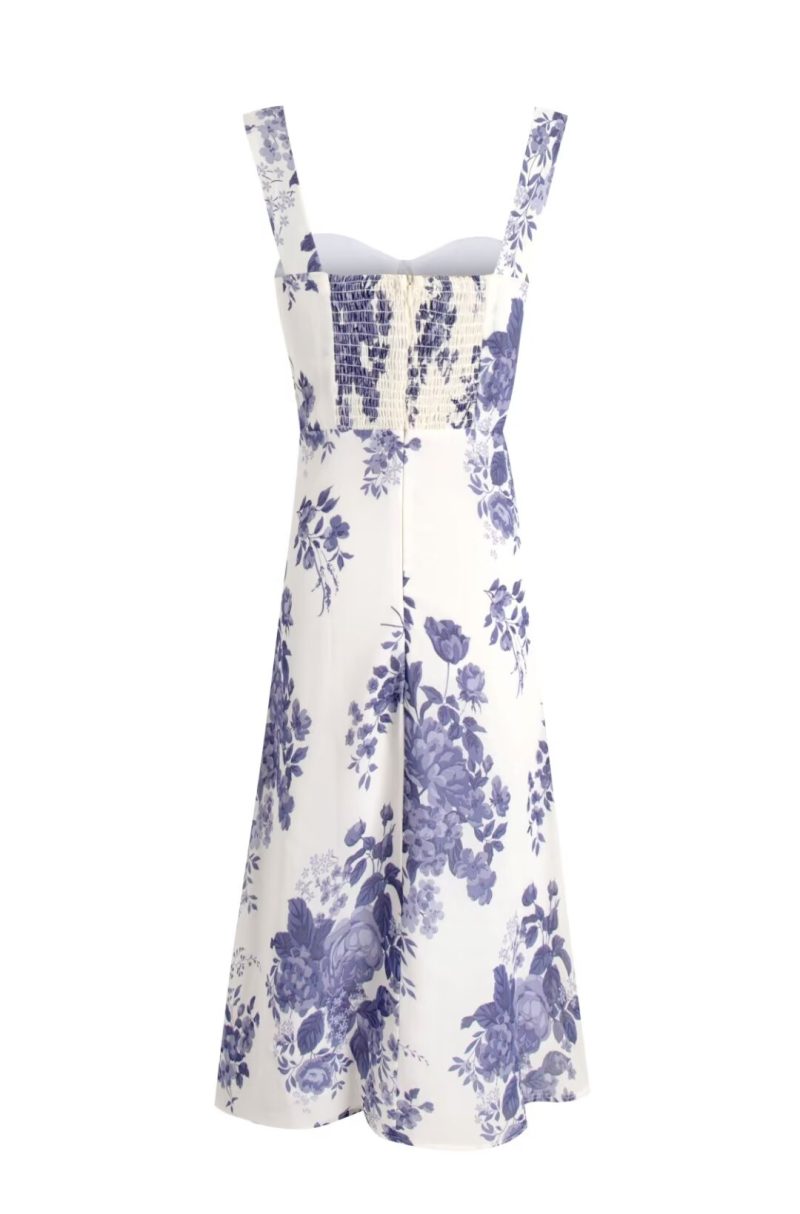 Floral Print Slit Midi Dress – Blue & White Holiday Look - Image 2