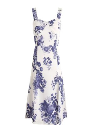 Floral Print Slit Midi Dress – Blue & White Holiday Look
