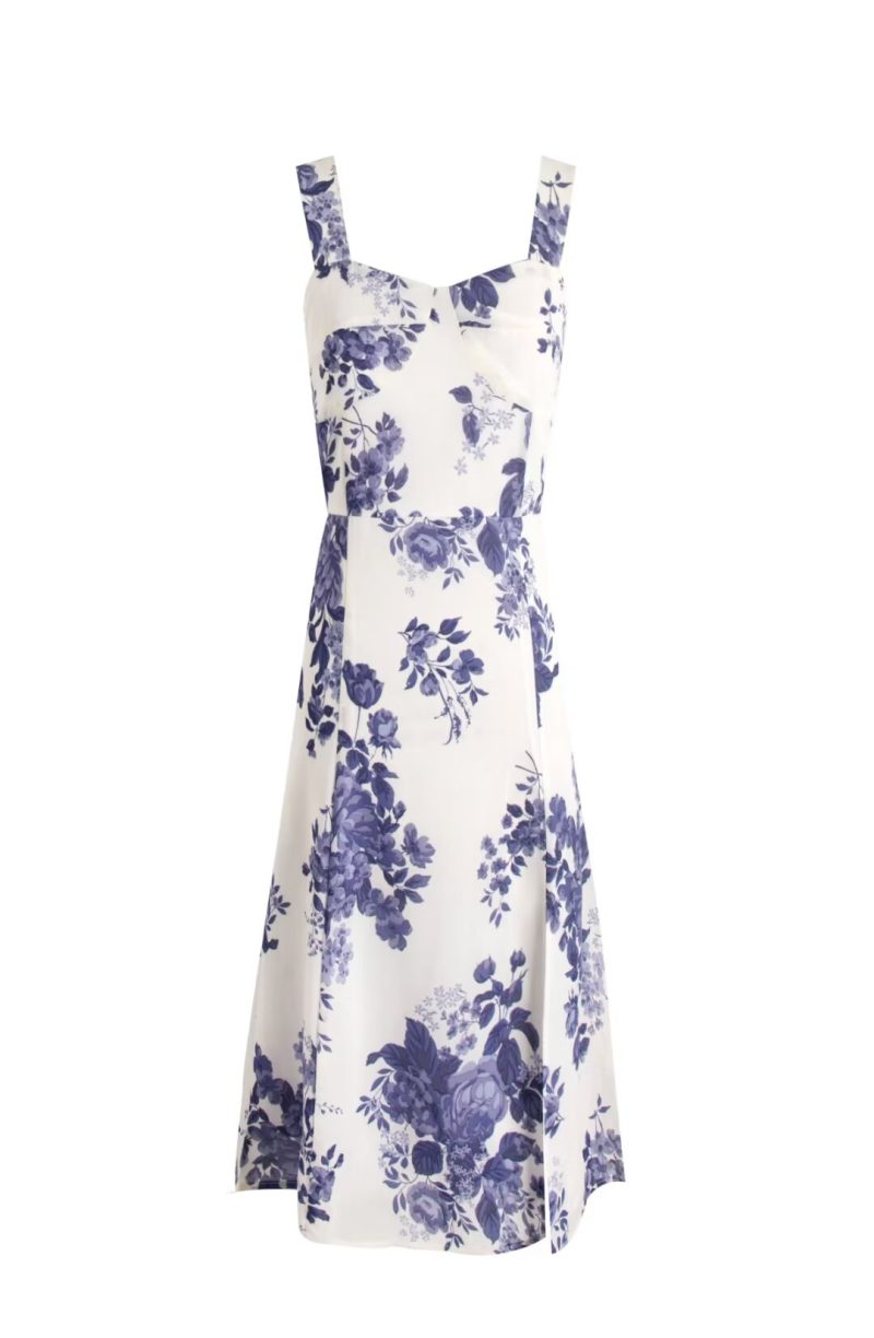 Floral Print Slit Midi Dress – Blue & White Holiday Look