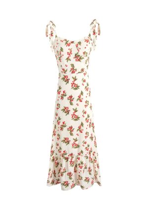 Lace Band Cherry Printed Vacation Dress Women