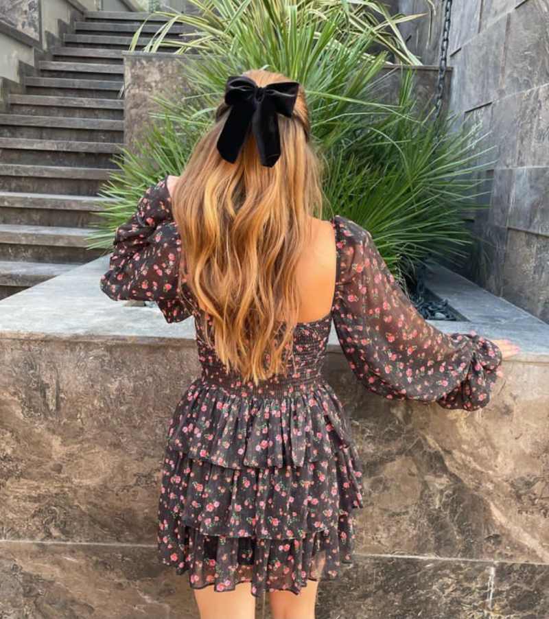 Autumn French Chiffon Printed Waist Tie Dress - Image 3