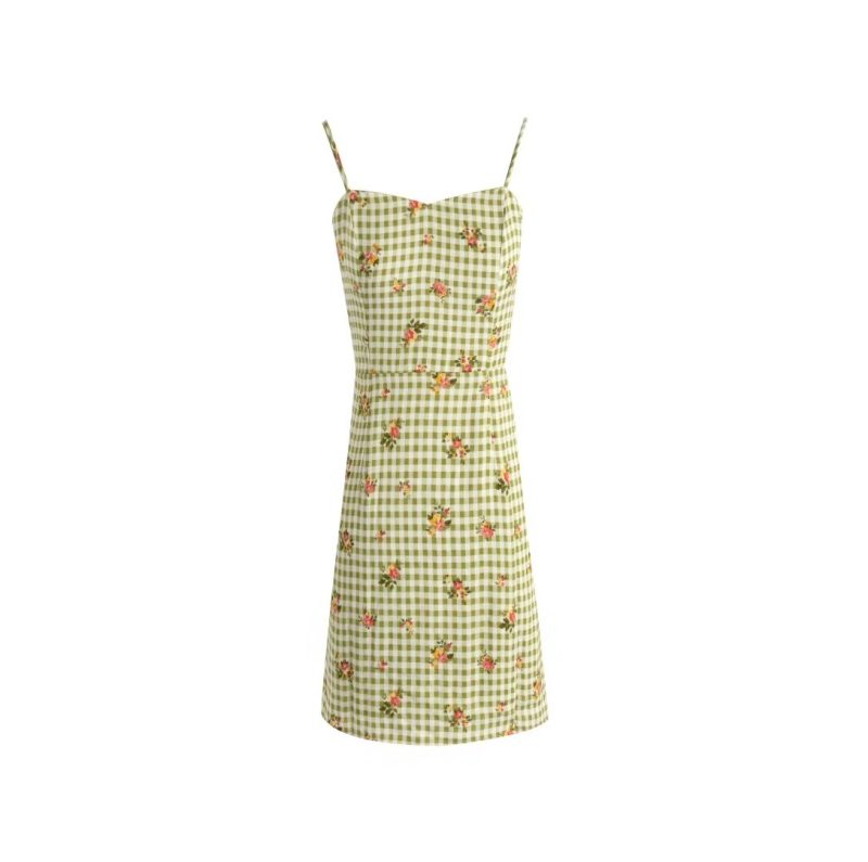 Plaid Floral High Waist Slim Strap Dress