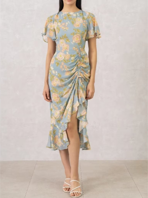 Autumn Floral Ruffle Midi Dress with French Charm