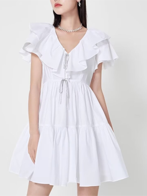 Spring V-Neck Ruffled A-Line Short Dress