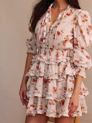Sweet Elegant Printed V-Neck Lace Dress