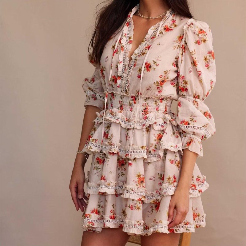 Sweet Elegant Printed V-Neck Lace Dress
