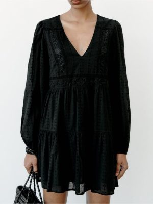 V-Neck Embroidered Cutout Spring Dress Women