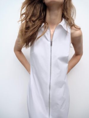 Off Shoulder Zipper Dress with Collar Charm