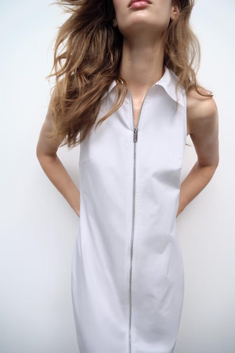 Off Shoulder Zipper Dress with Collar Charm