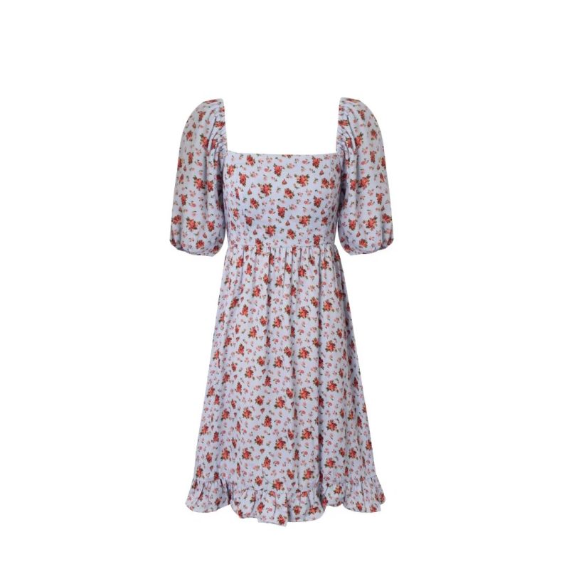 French Floral Chiffon Puff Sleeve Short Dress