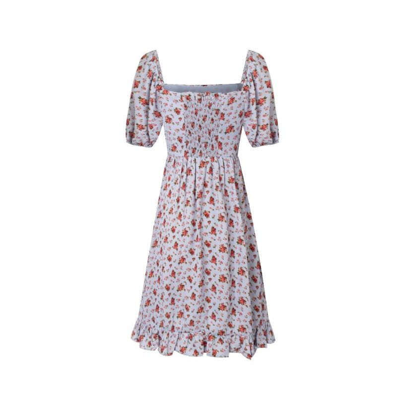 French Floral Chiffon Puff Sleeve Short Dress - Image 2