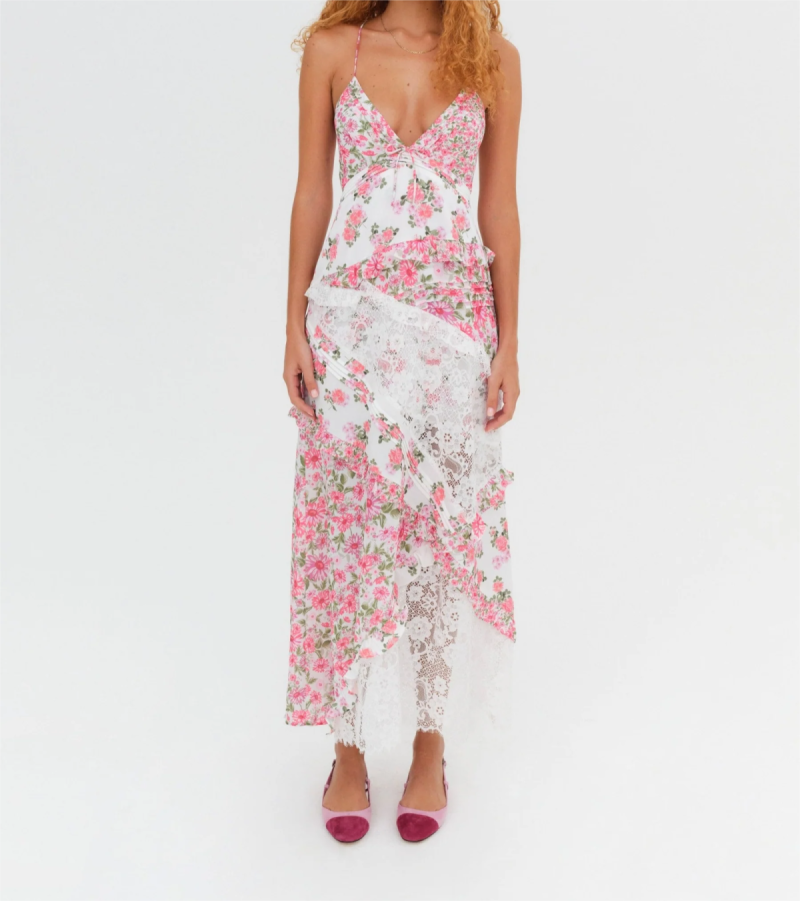 French V Neck Lace Stitching Strap Dress