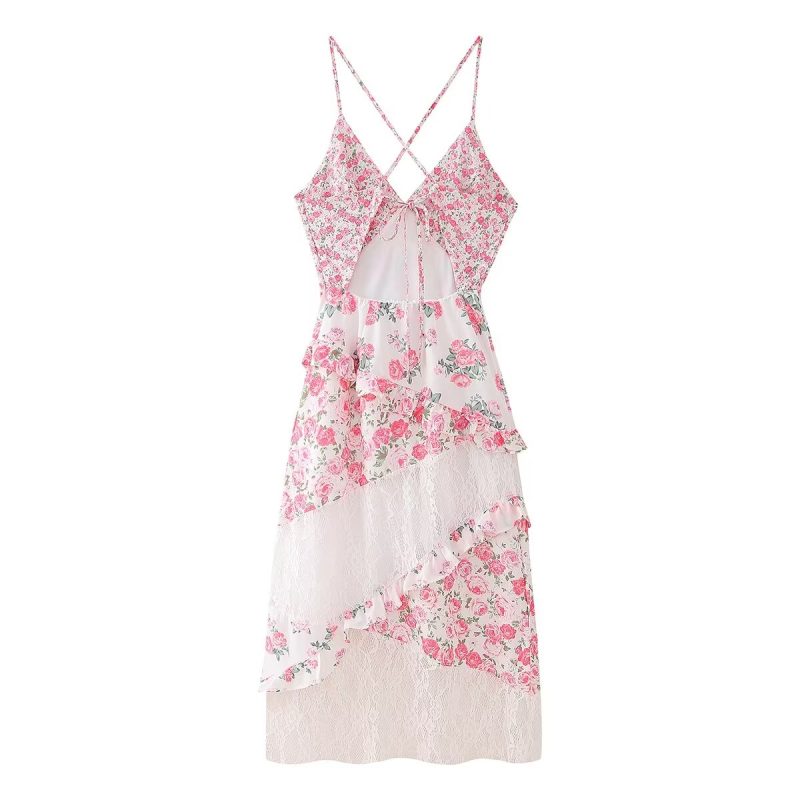 French V Neck Lace Stitching Strap Dress - Image 2