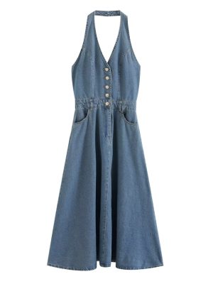 Chic Retro Halter Backless Long Denim Dress