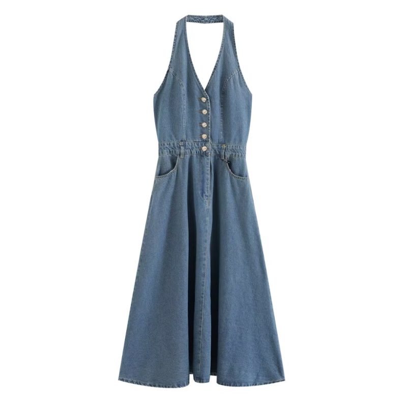 Chic Retro Halter Backless Long Denim Dress