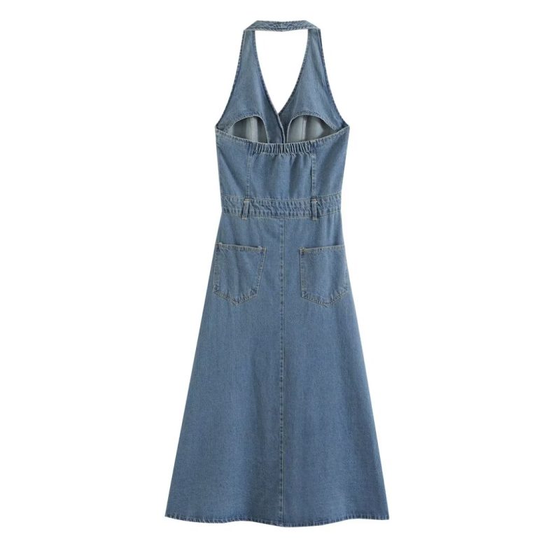 Chic Retro Halter Backless Long Denim Dress - Image 2