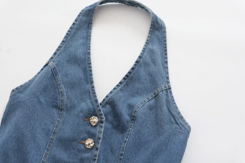 Chic Retro Halter Backless Long Denim Dress - Image 3