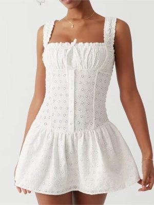 Embroidered Square Neck Lace-Up Summer Dress