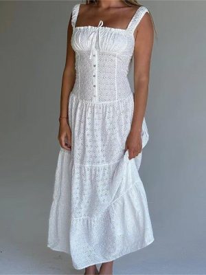 Embroidered Square Neck High Waist Maxi Dress