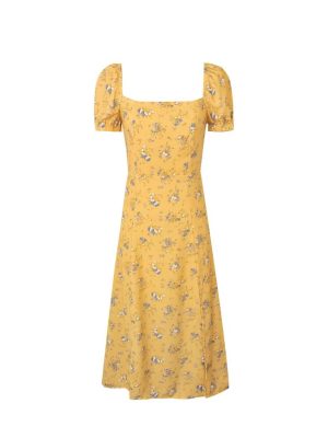 French Yellow Print Square Collar Slim Dress