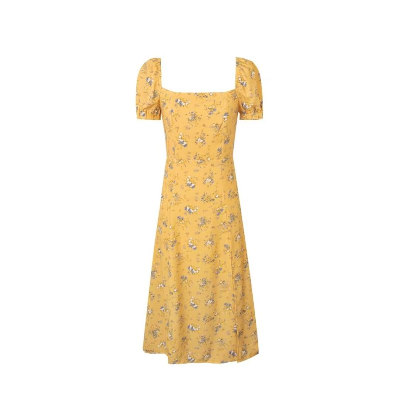French Yellow Print Square Collar Slim Dress