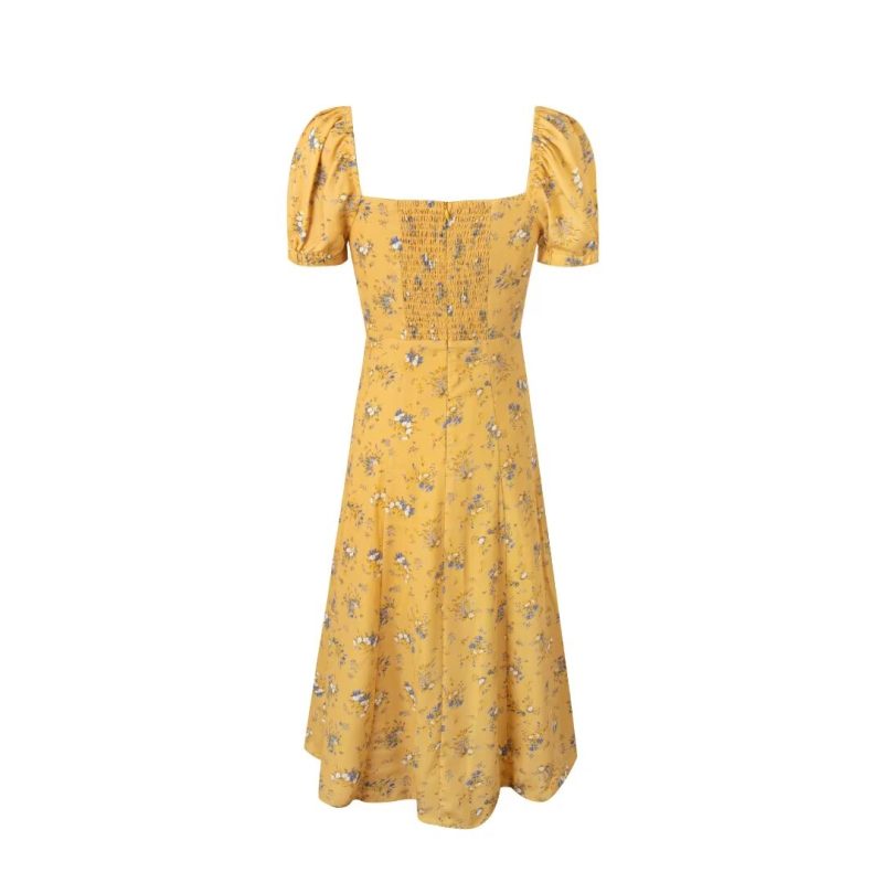 French Yellow Print Square Collar Slim Dress - Image 2