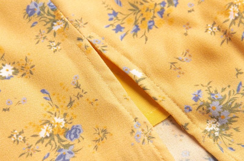 French Yellow Print Square Collar Slim Dress - Image 3