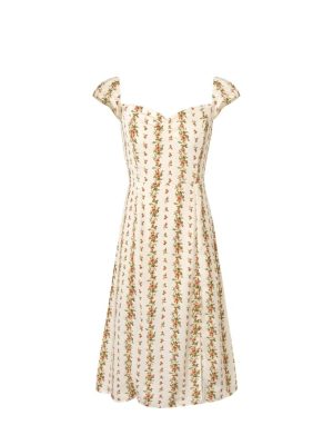 Spring Beige Floral Flying Sleeve Casual Dress