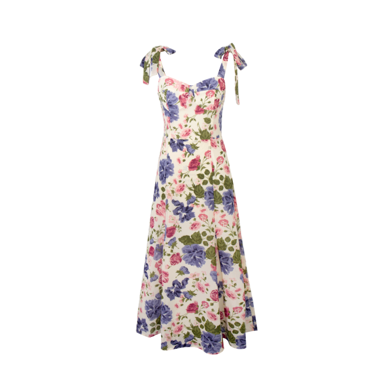 Printed Spaghetti Strap Waist-Tie Summer Dress
