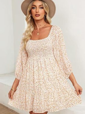 Square Collar Printed Pleated A-Line Dress