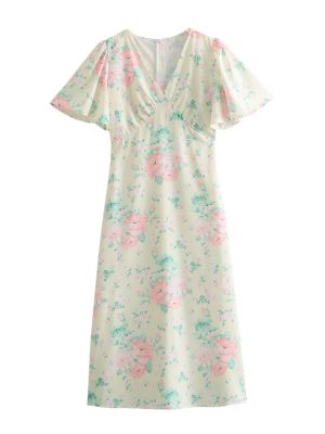 V-Neck High Waist Floral Spring Dress Women
