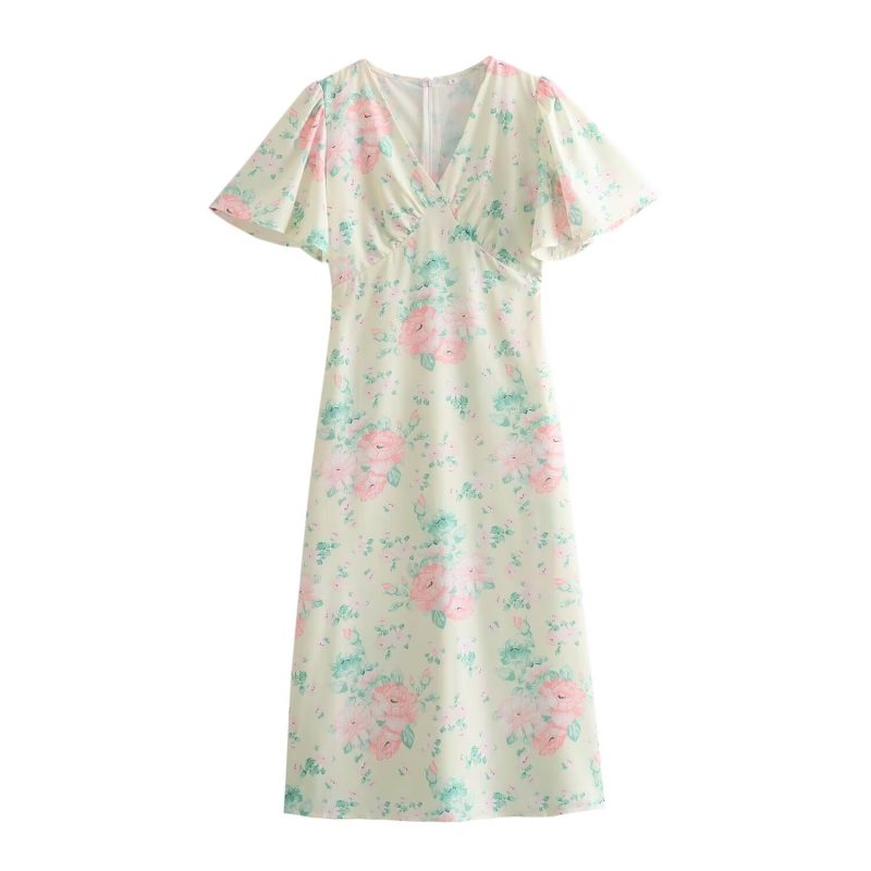 V-Neck High Waist Floral Spring Dress Women