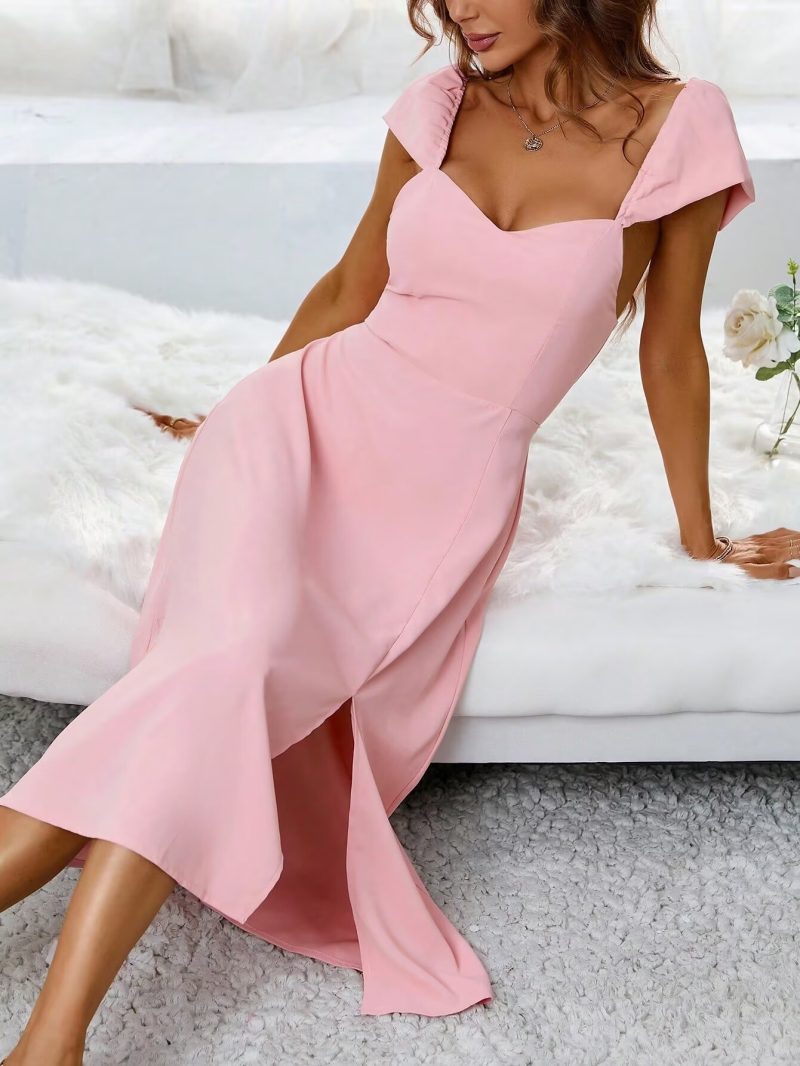 Spring Pink Square Neck Elastic Back Dress