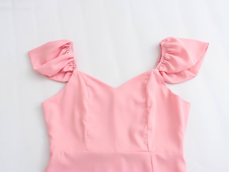 Spring Pink Square Neck Elastic Back Dress - Image 3
