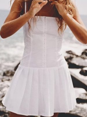 Embroidered White Slim Fit Sling Dress Women