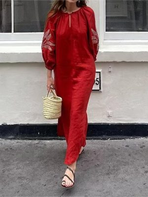Women's Linen Embroidery Crew Neck Maxi Dress