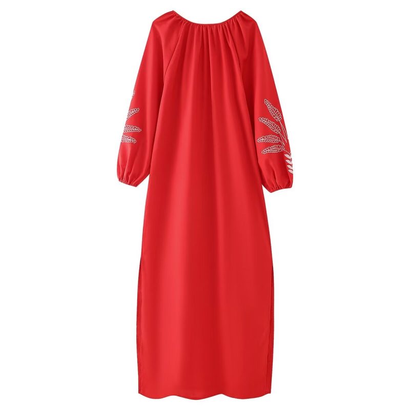 Women's Linen Embroidery Crew Neck Maxi Dress - Image 2