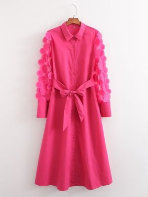 Rose Red Long Sleeve Spring Stitching Dress