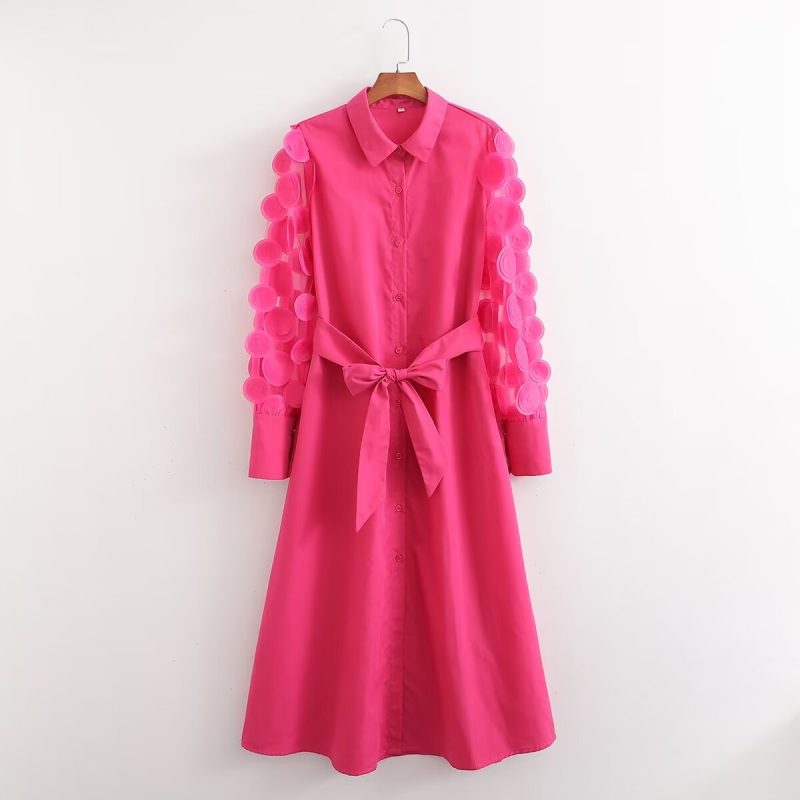 Rose Red Long Sleeve Spring Stitching Dress