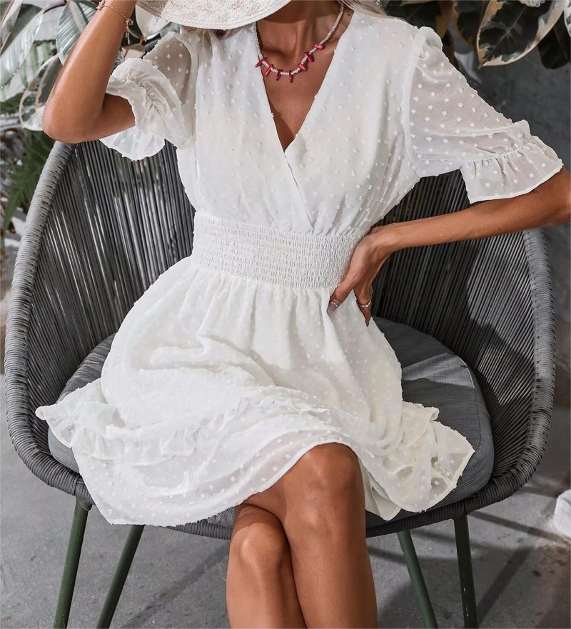Spring Tulle Waist Short Sleeve Dress Women