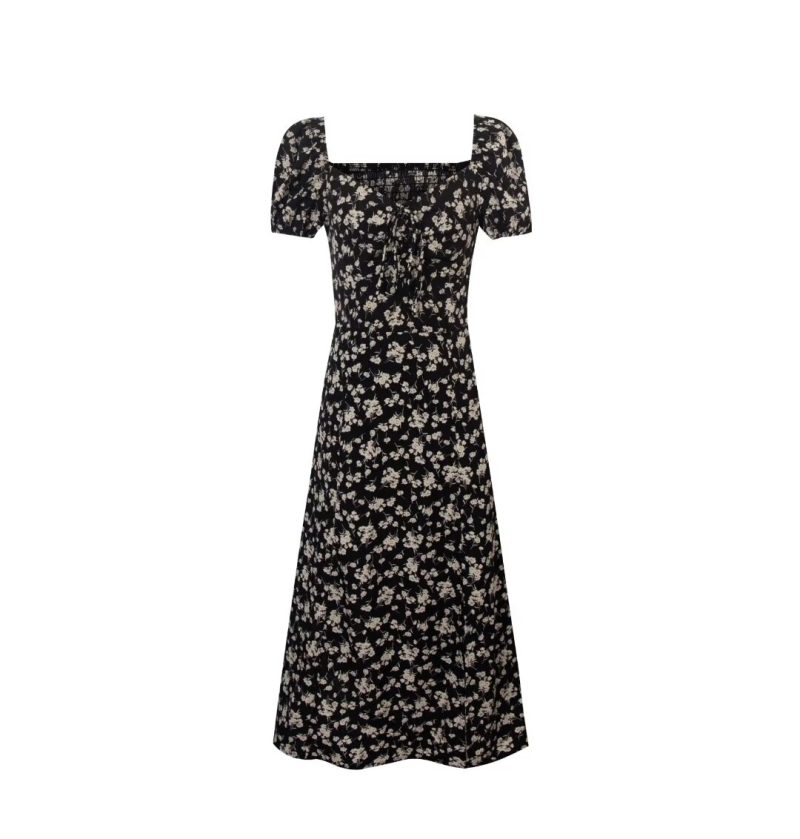 French Square Neck Off Shoulder Maxi Dress