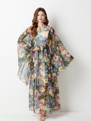 Loose Print Long Sleeve A-Line Maxi Dress