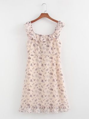 Pastoral Autumn Floral Dress with Lace and Square Neck
