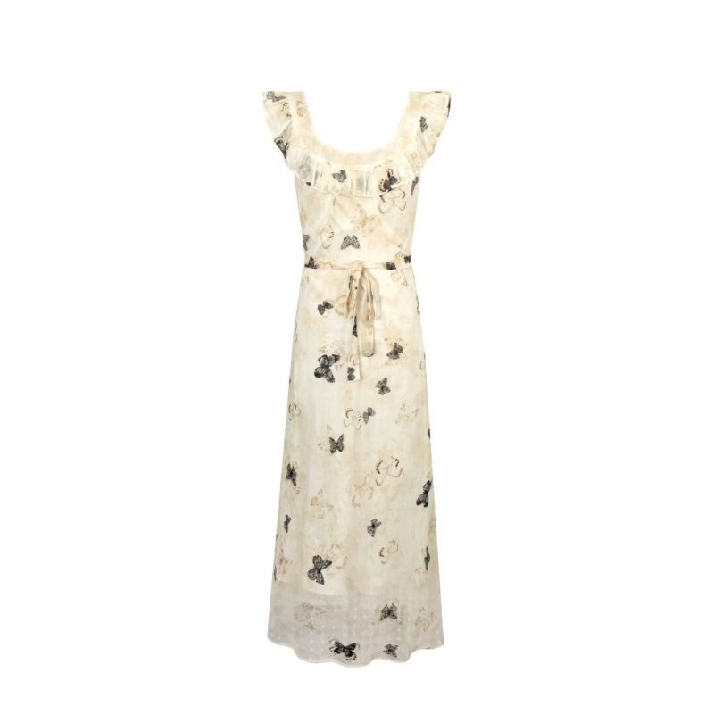 Square Neck Butterfly Print Dress – Lace-Up Fit for Spring Days