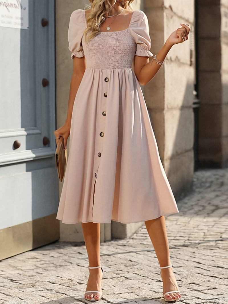 Elegant Women's Solid Button A-Line Summer Dress