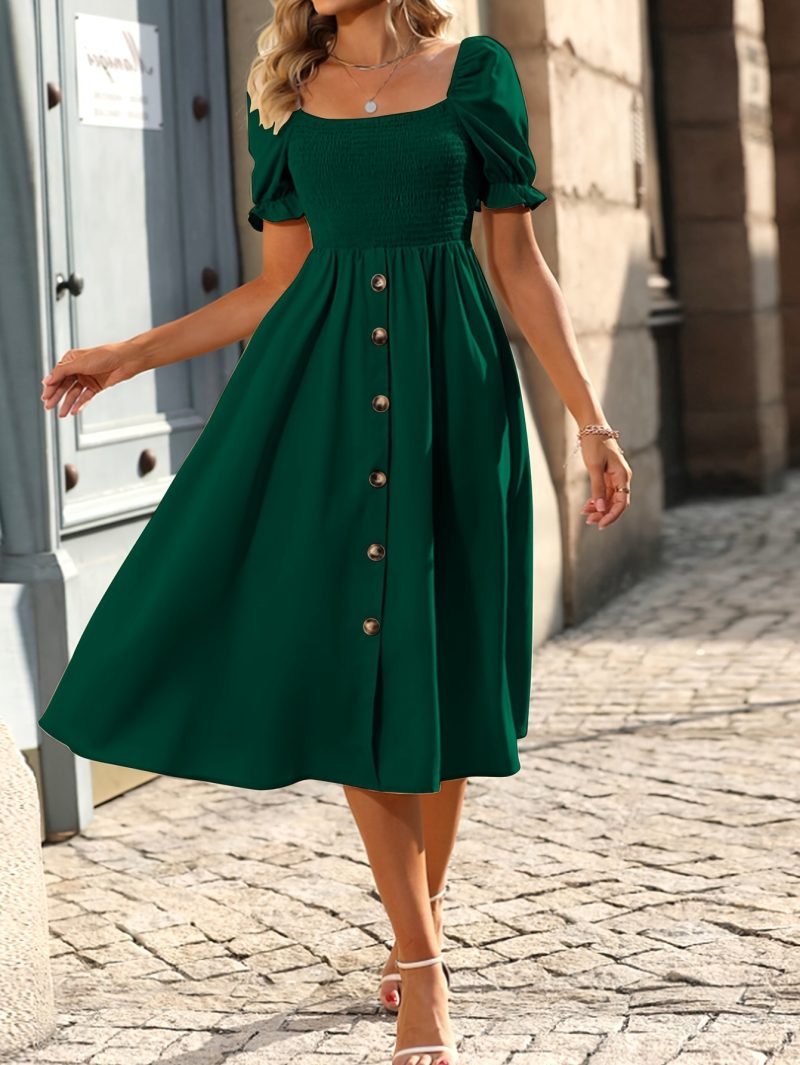Elegant Women's Solid Button A-Line Summer Dress - Image 3