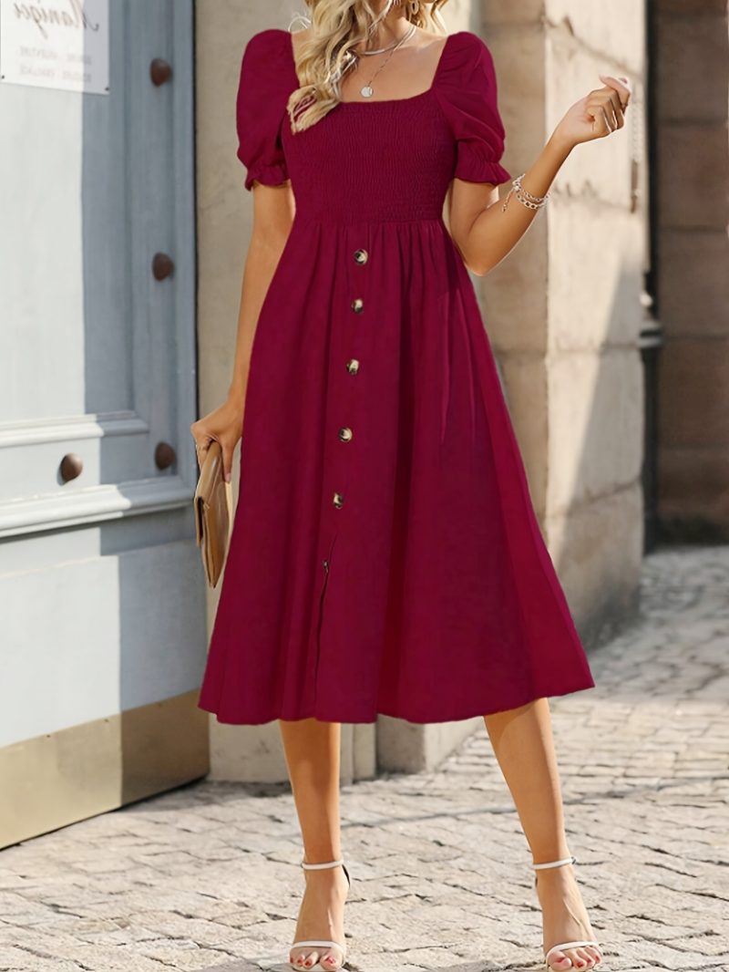 Elegant Women's Solid Button A-Line Summer Dress - Image 4