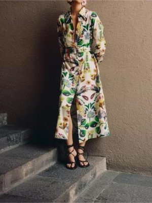 Spring Floral Poplin Shirt Dress with Belt
