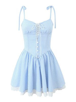 Summer Plaid Lace Trim High Waist Dress