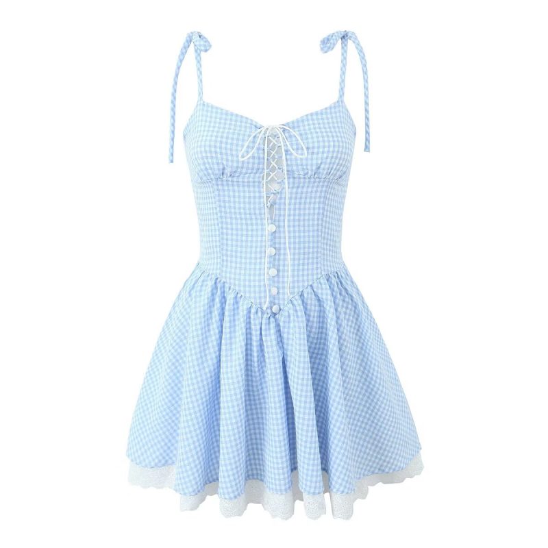 Summer Plaid Lace Trim High Waist Dress